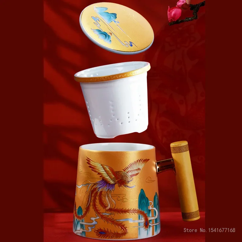 

Creative Forbidden pattern City Water Cup, Chinese Style Ceramic Retro Office Gift Box Separation Teacup Wood Handle Tea Cup 1Pc