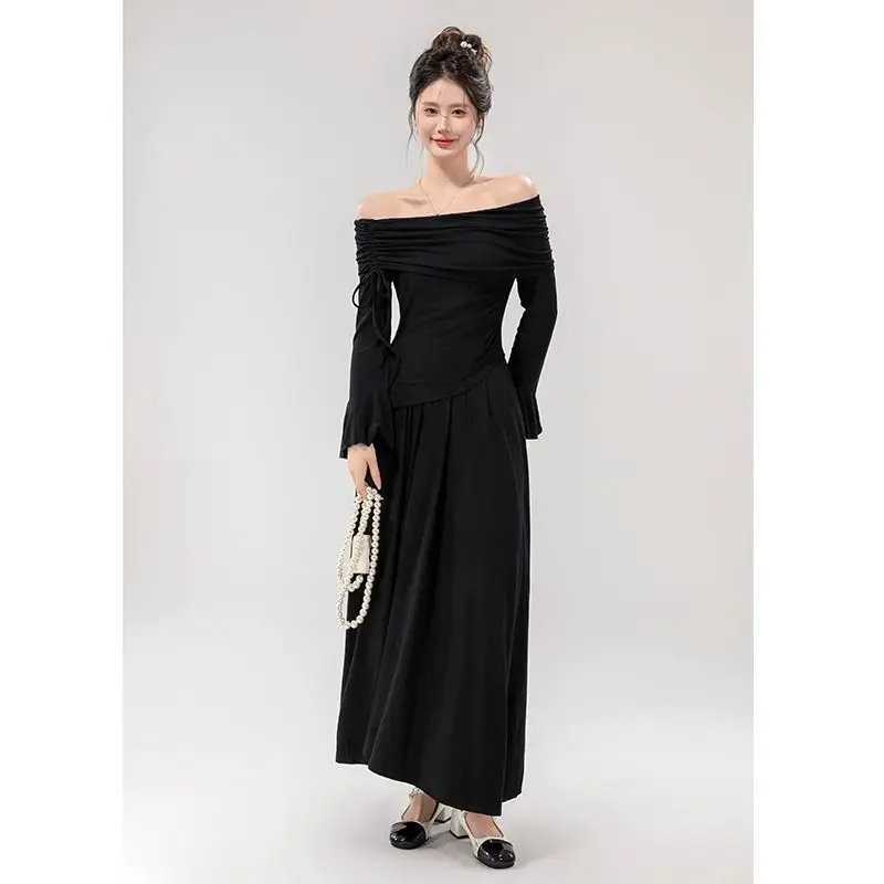 Lazy Style 2 Piece Sets Women Slash Neck Drawstring Long Sleeve Tops + High Waist Skirt 2025 Spring Autumn New Trendy Suit image 6