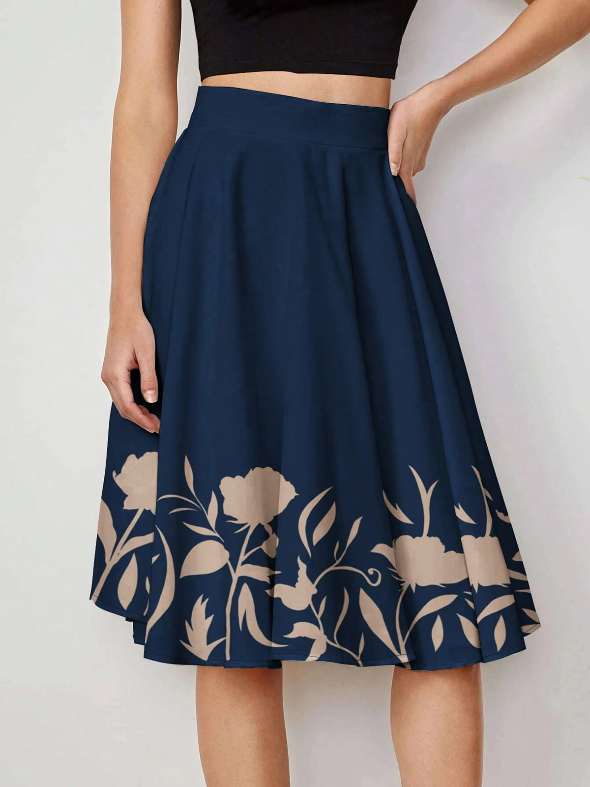 Hot High Waist A-Line Navy Floral Print Midi Skirt, Bottom for Women Office & Daily