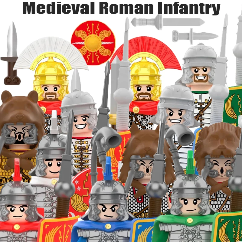 MOC Medieval Military Roman Infantry Figures Building Blocks Teuton Knight Soldier Castle Army Guard War Weapon Bricks Toys Boys