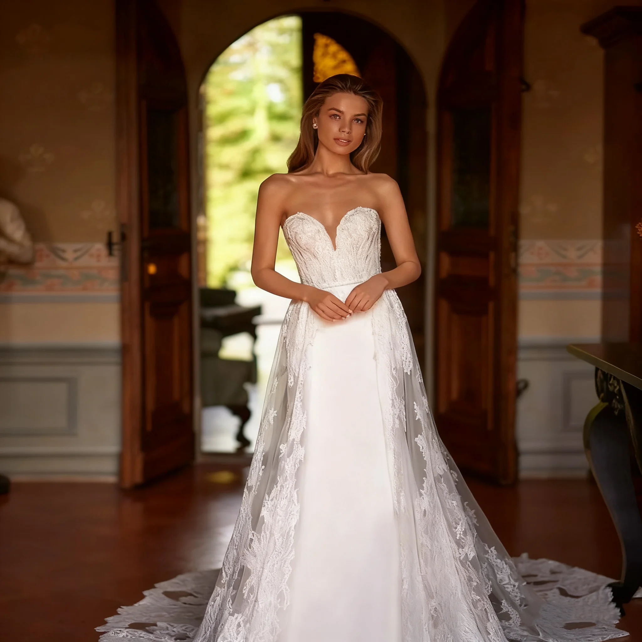 Robes De mariée personnalisées à fermeture éclair, élégantes, col en V, sans manches, pour femmes, charmantes robes De mariée avec des appliques en dentelle