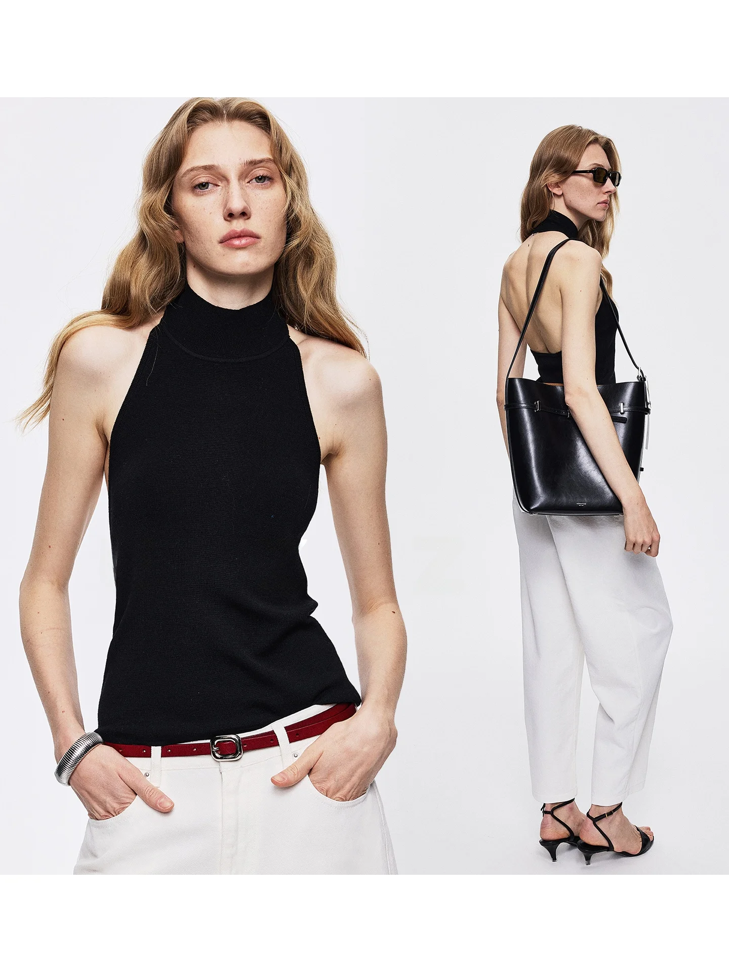 

UZZO Minimalist High-End Feeling Beautiful Wool American Stand Collar Hanging Neck Backless Knitted Tube Top Women
