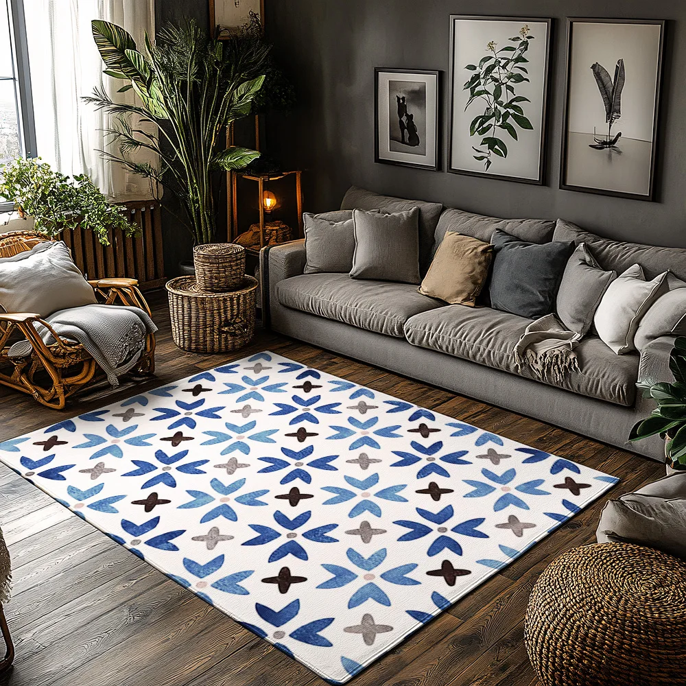 

Blue Geometric Pattern Rug Non-Slip Doormat Washable Floor Mat Indoor Entrance Carpet Home Decor Area Rug Living Room Decor