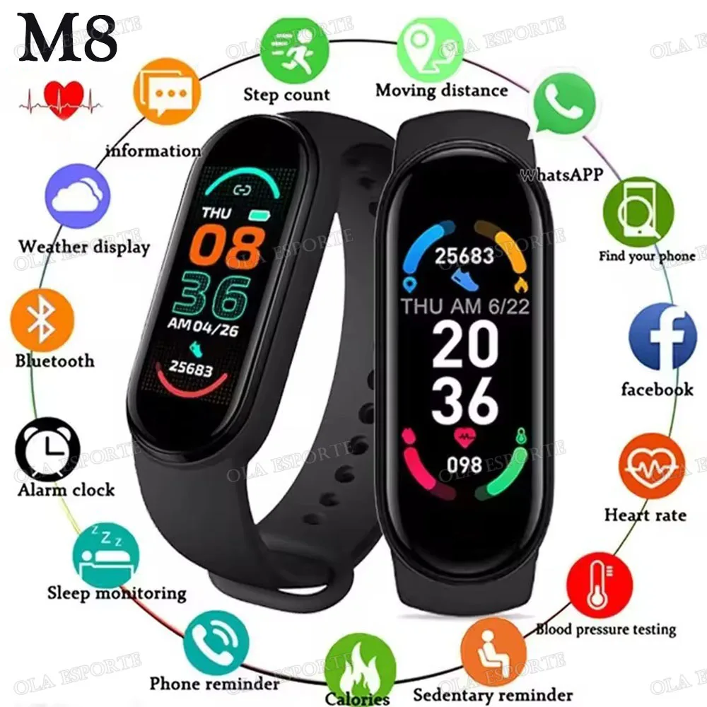 M8 Smart Band Watch Men Women Silicone Heart Rate Smart Band Varied Dial Fitness Tracker Blood Pressure Sport Bracelet Pk HT30