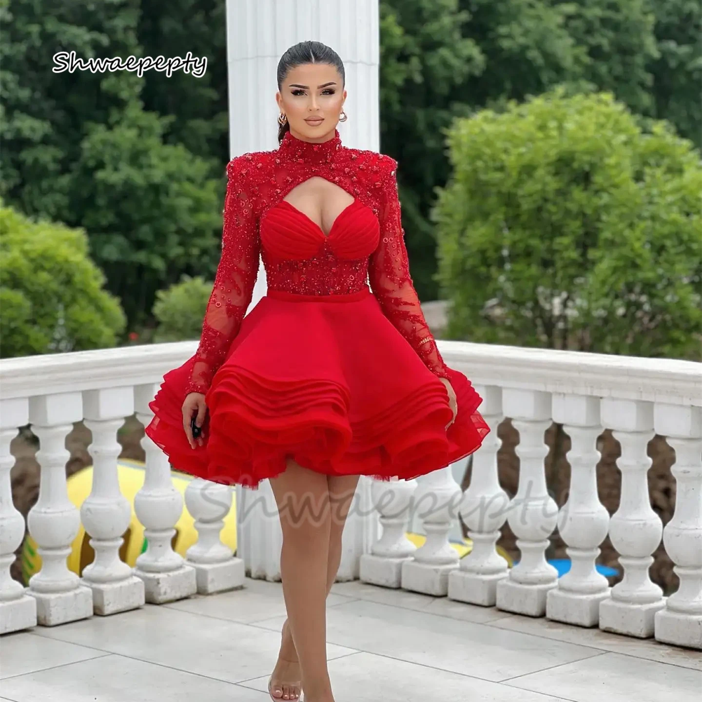 Crystals Beaded Red Ball Gown Mini Prom Dresses Long Sleeves Keyhole High Collar Tiered Short Birthday Party Women Evening Dress