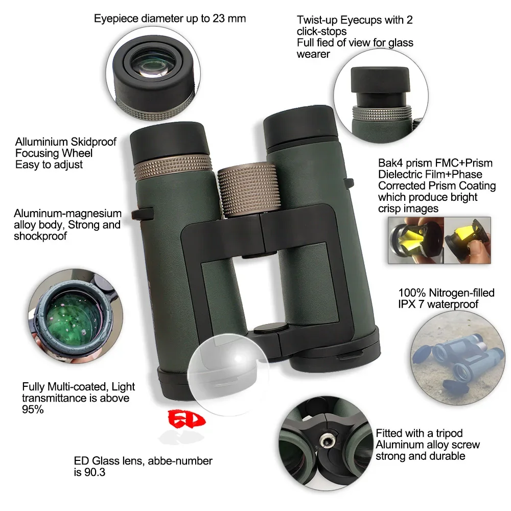 Best Roof Binoculars Telescope with ED Optical Glass BAK4 Prism FMC Coated 8x42 10x42 Waterproof Binoculars