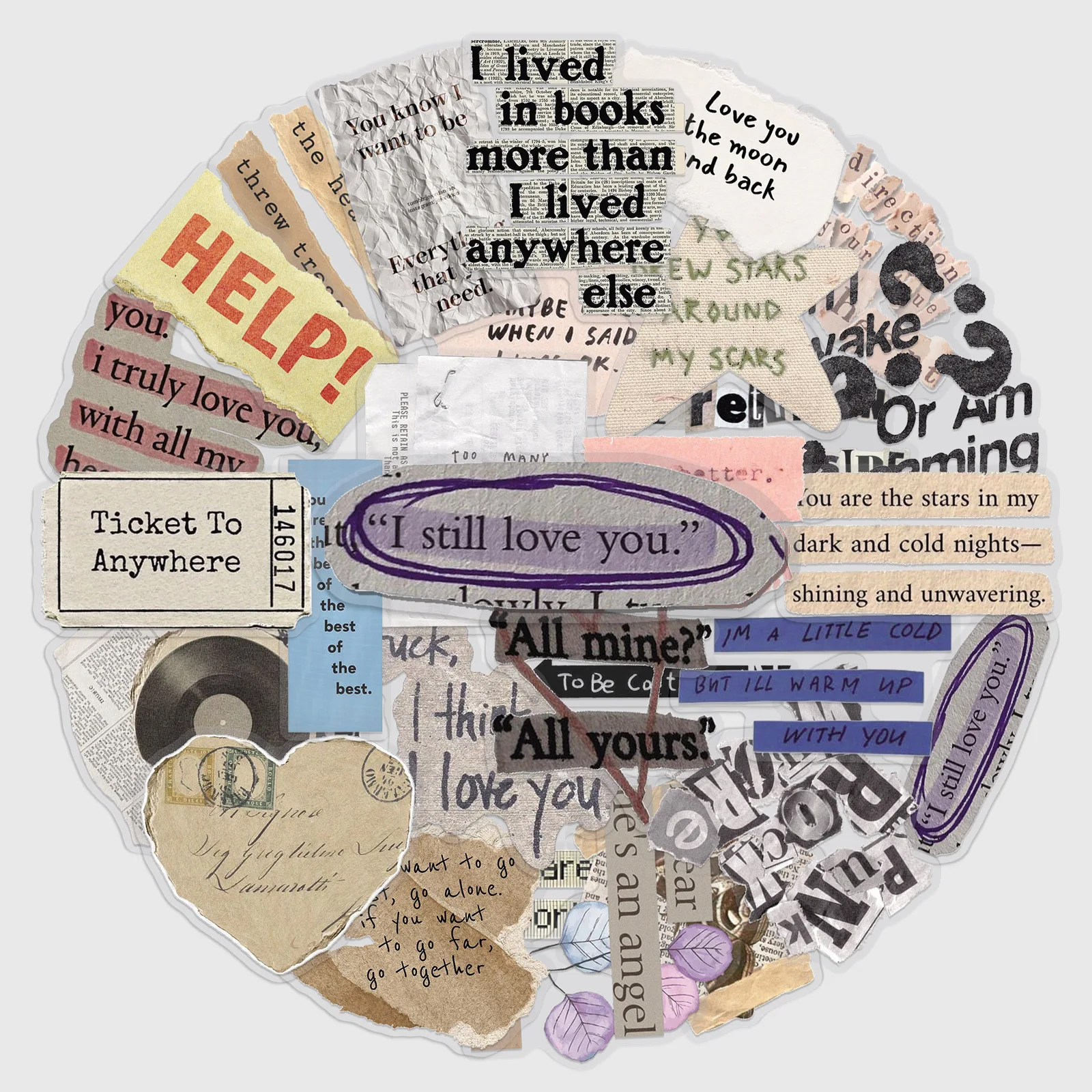 

50PCS Transparent Retro Style English Fragments PET Material Graffiti Decorative Laptop Trunk iPad Waterproof Stickers Kids Toy