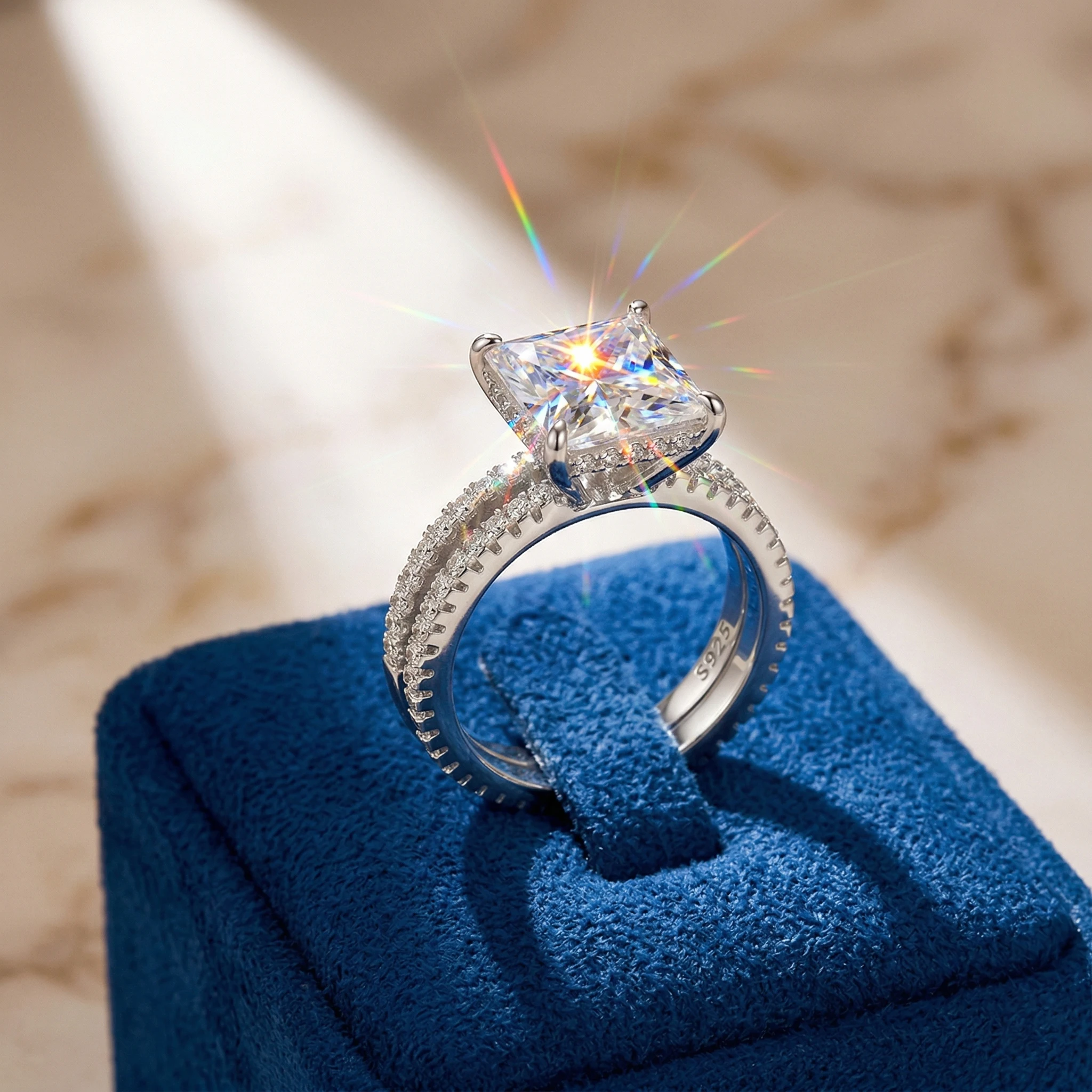 

Princess Cut Moissanite Ring, 925 Silver, D Color VVS1, 5ct 4 Prong Bridal Set, Couple Ring, With Certificate