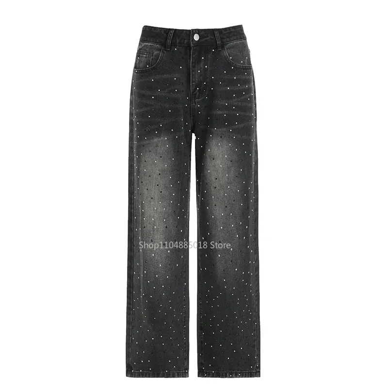 

Streetwear Rhinestone Jeans Women High Waist Fashion Loose Straight Wide Leg Denim Trousers Chic Grunge Harajuku Cargo Pants
