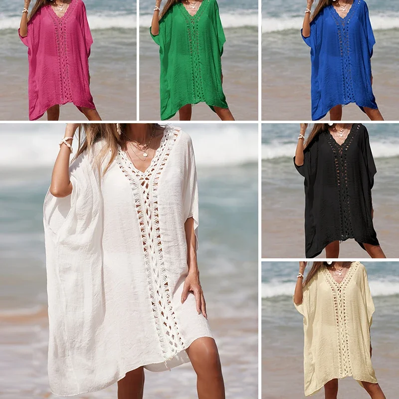 BWQ Holiday Crochet Knitted Beach Cover-Ups Dress Splicing Loose Dress Solid Color Beachwear transparent Sunscreen Beach Smock