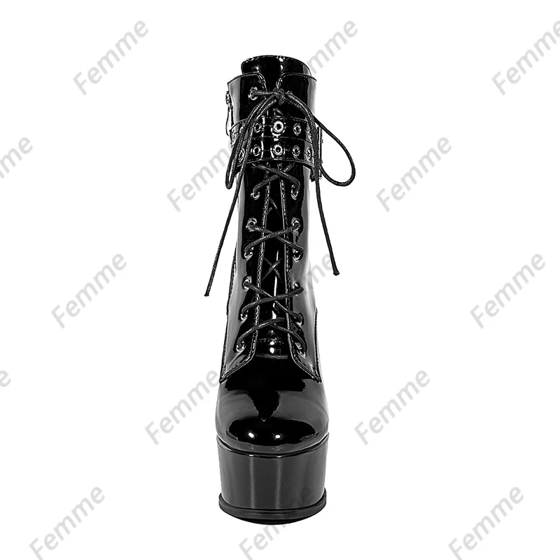 Handmade Gothic Platform Ankle Boots Black Patent Leather with Studded Straps, Stiletto Heel Punk Rave Festival Shoes Size 35-48