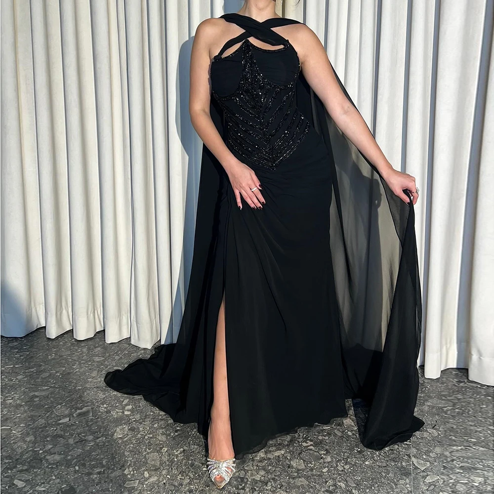 

Customized Mermaid Evening Dresses Floor-length V-neck Sleeveless Prom Gown Fashion Sequined Simple Stole Draped Party Gown