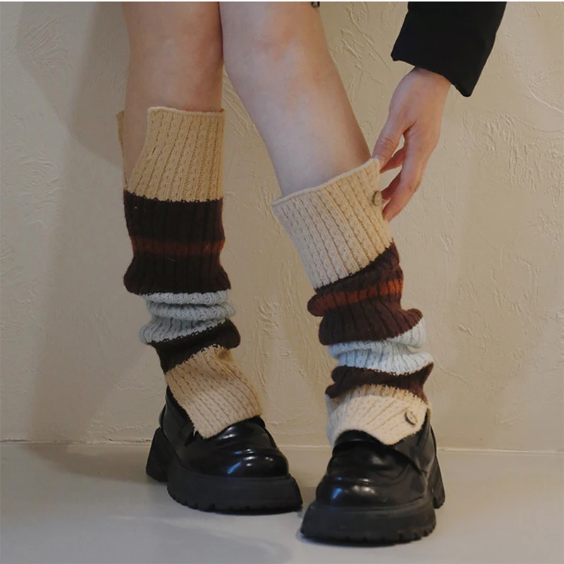 Y2K Vintage Button-up Patchwork Knitted Pile Socks Casual Leg Warmers JK Women's Long Socks Lolita Split Leg Cover Boot Cuffs