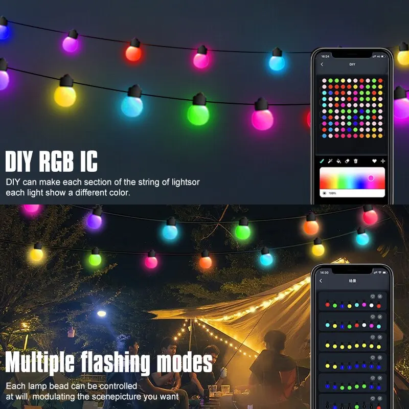 LED Smart Garden Lights String RGBIC Ronde Garland Light APP Dimbaar Kleurveranderend Waterdicht Muziek voor Kersttuin Slaapkamer