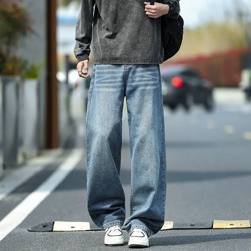 Vintage Washed American Streetwear Denim Jeans Mens Four Season Loose Straight Wide Leg Pants Multiple Colors Available
