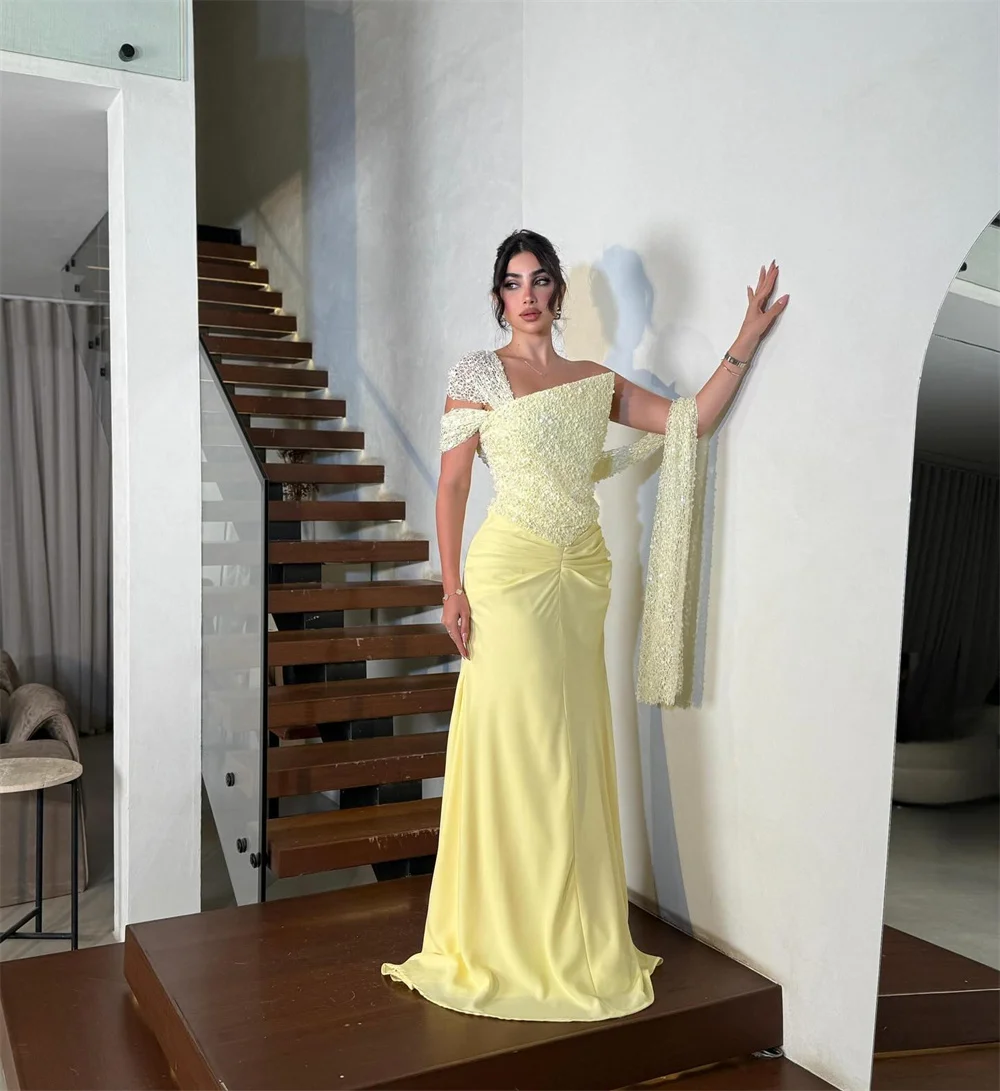 كاثي مخصص أصفر كتف واحد لامعة الترتر فساتين لحضور الحفلات الموسيقية حورية البحر بلا أكمام vestidos de noiva طول الأرض مساء رسمي