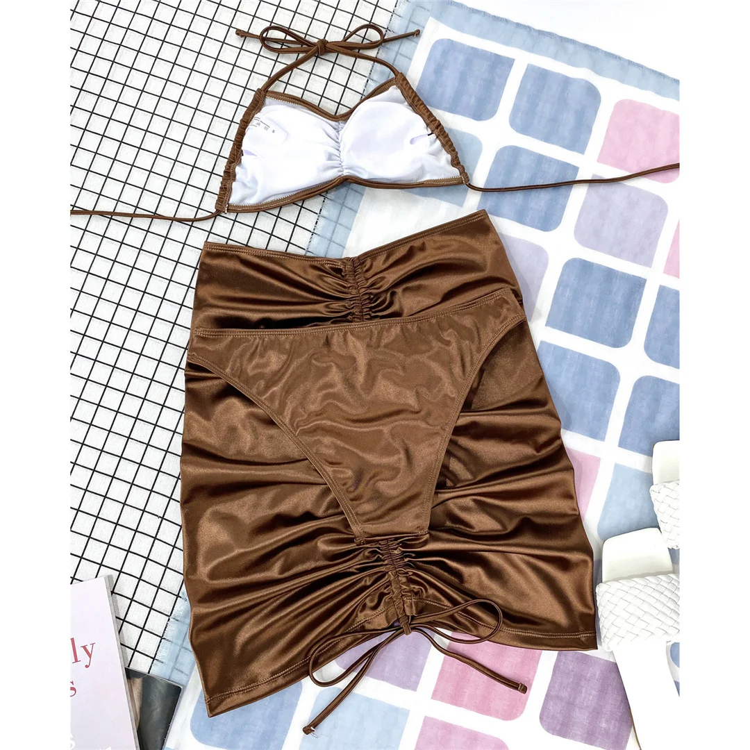 Neuer Neckholder-Bikini mit Rock, Damen-Badeanzug, dreiteiliges Bikini-Set, Badebekleidung, Badeanzug für Damen, V3360 – Detail 22