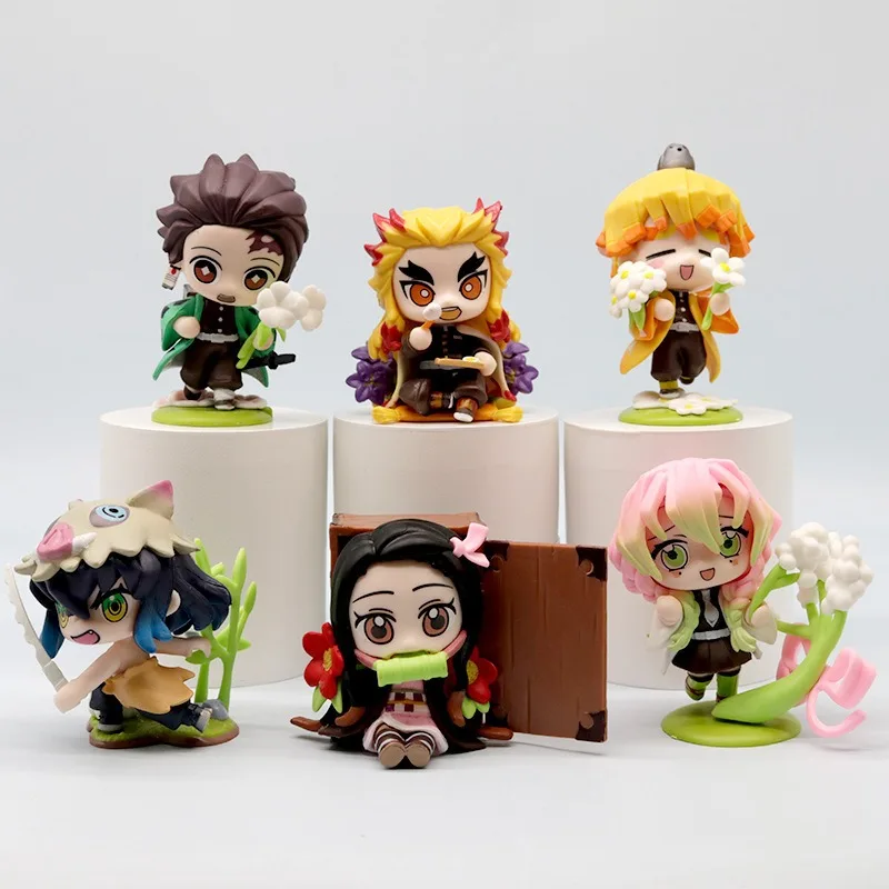 

6-piece Demon Slayer anime 9cm model doll Tanjirou Nezuko Zenitsu Kyoujurou Kanroji cartoon movable toy desktop ornaments