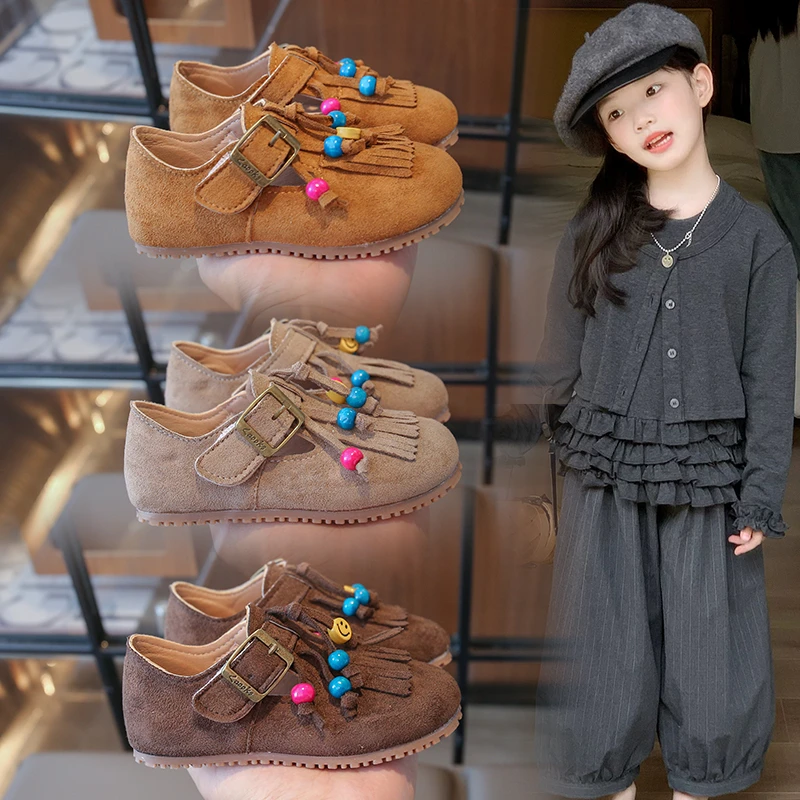 Girls Retro Ethnic Style Traditional Suede Shoes New Autumn Children's Soft-soled Flat Shoes with Tassels Stylish Single Shoes