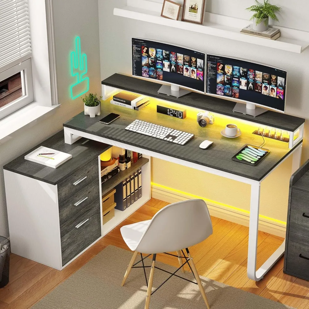 

YITAHOME L Shaped Desk with 3 Drawers, 55" Corner Computer Desk with Power Outlets & LED Lights, L-Shaped Desk with File Cabinet