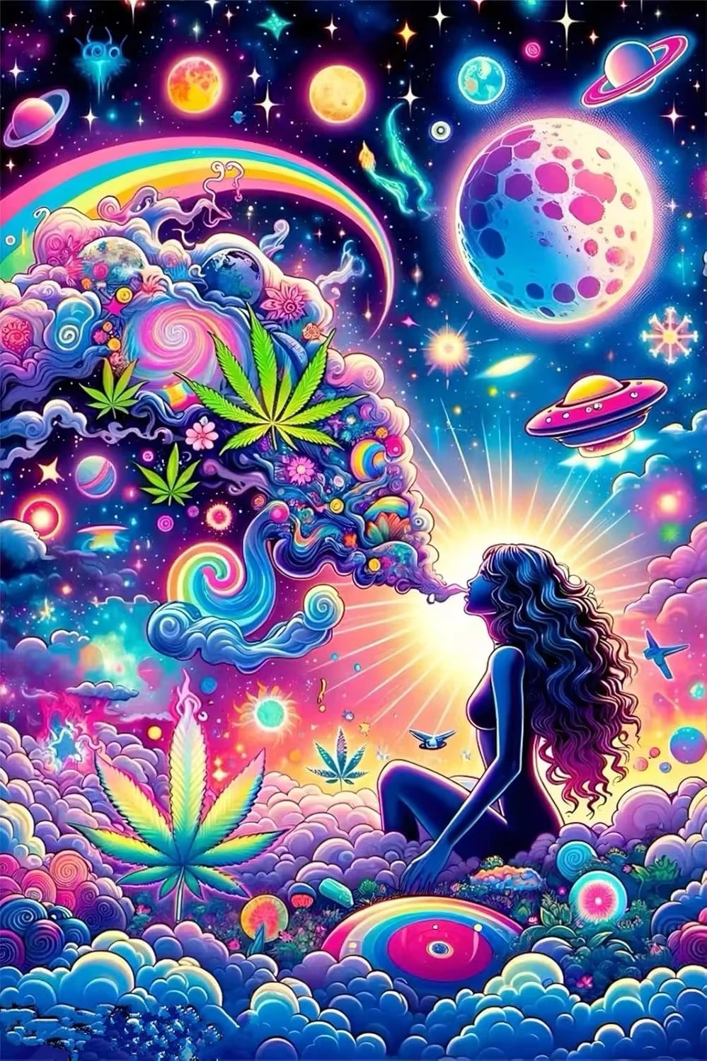 5D DIY Trippy Cosmic Diamond Painting, Meditating Girl with Rainbow Planets and Stars For Beginners Gift Home Decor
