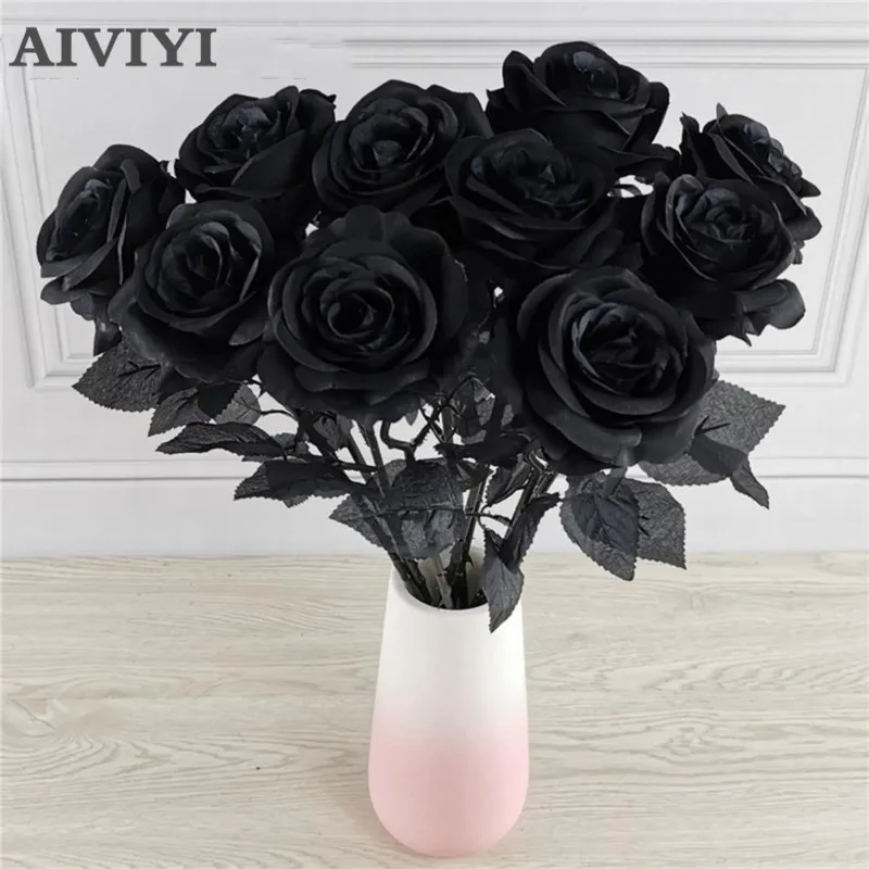 Ramo de flores artificiales para decoración del hogar, Rosa Negra de seda de 5 piezas, 8-9cm, para sala de estar, boda, Año Nuevo