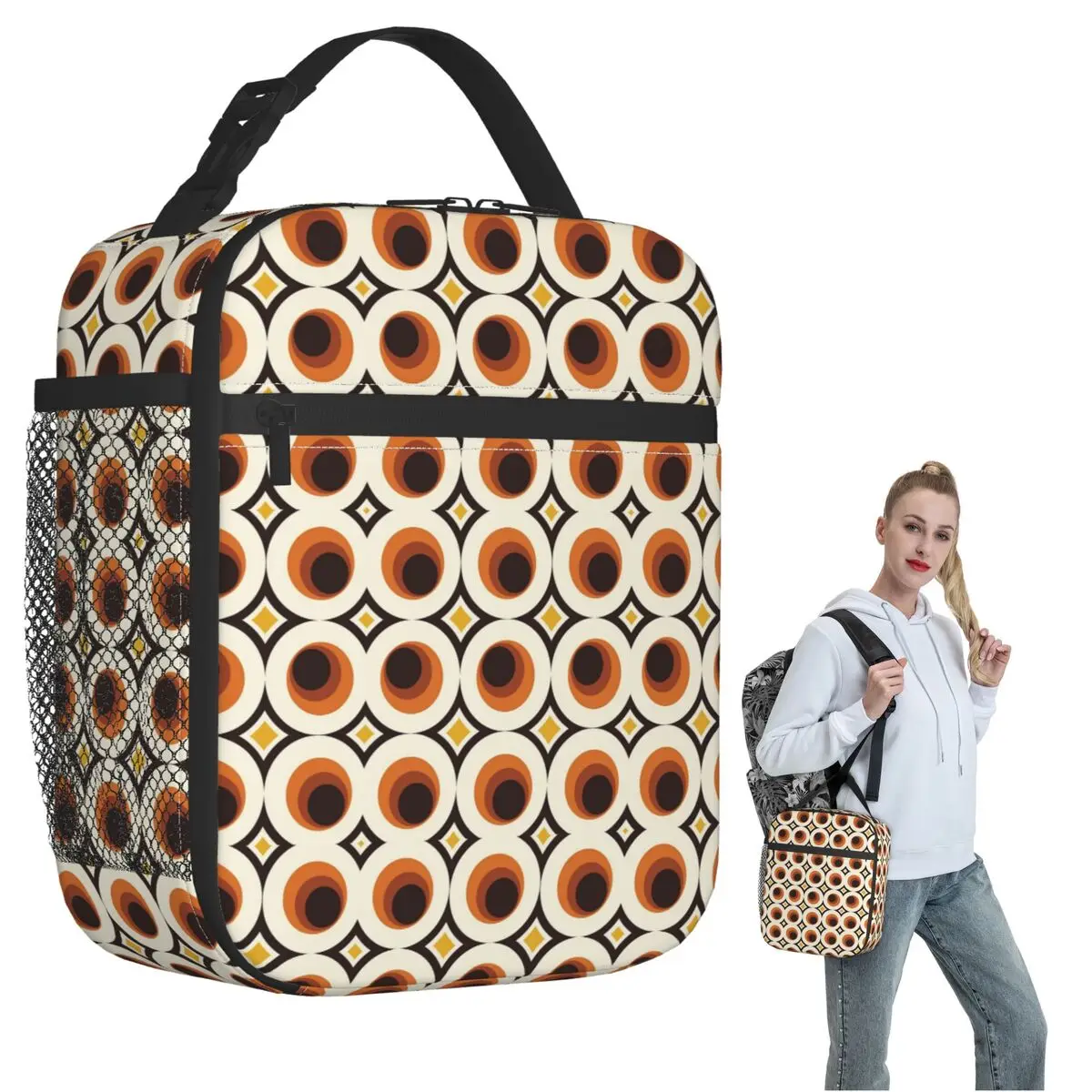 

1970s Orange Mid-Century Modern Circle Insulated Lunch Bag for Women Kids Portable Food Boxes Thermal Lunch Box Tote