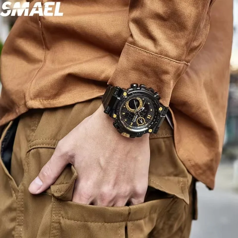 SMAEL 8095 Casual Men's นาฬิกาอิเล็กทรอนิกส์ปฏิทินนาฬิกาปลุกกันน้ําสายสแตนเลสกีฬาแฟชั่นนาฬิกาดิจิตอล