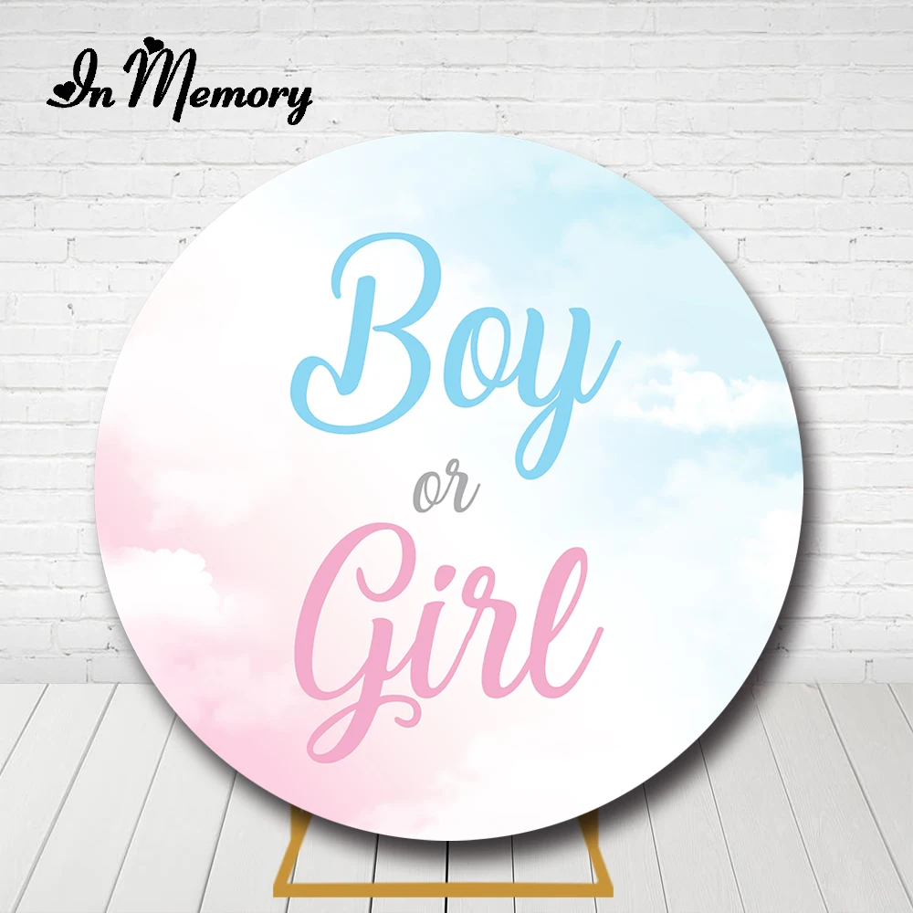 

InMemory Boy Or Girl Gender Reveal Party Round Backdrop Cover Light Blue Pink Sky Clouds Baby Shower Circle Background Elastic