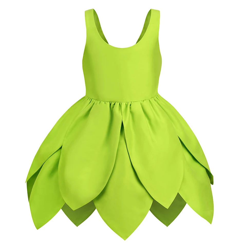 Disney Tinker Bell Fairy Dress Summer Forest Green Leaf Fairy Costume Luxury Party Carnival Outfits 18M-8Yrs Kid Elegant Gown