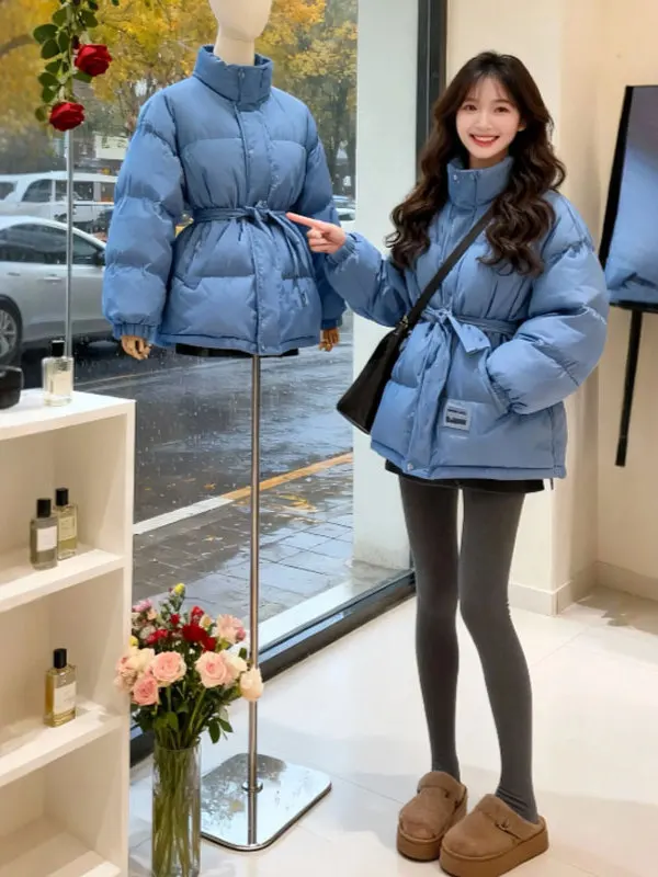 

Korean Sle Belted Waist Cotton Jaet Long Sve Zipper Closure Pure Color Slim Fit Cotton Coat Spring 2025 Faion Trend