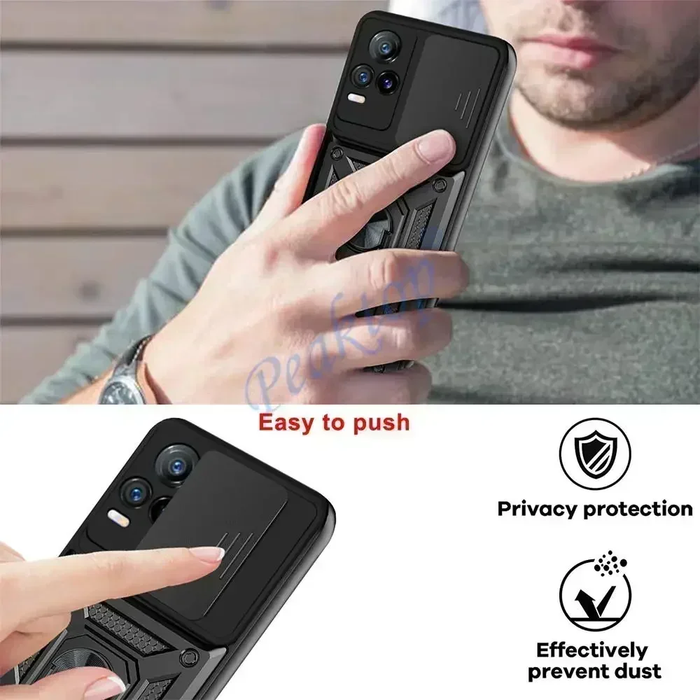 Push Camera Armor Case pour Vivo V21, V21E, Vivov21 E, Vivov21E, 4G, 5G, Support magnétique de voiture, Anneau de support, Antichoc, Protect Cover, Fundas
