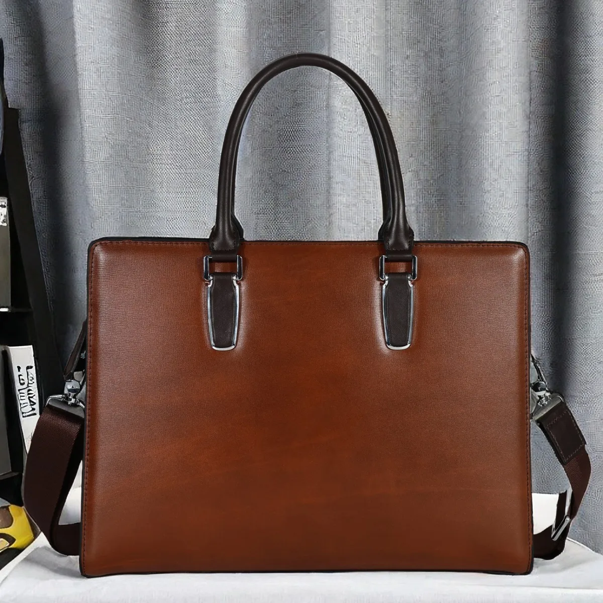 Men's Business Genuine Leather Handbag New Cowhide Computer Briefcase Double Zipper Large Capacity Bag Men Luxury Brief Case