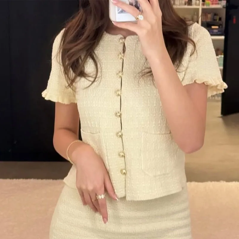 

Crop Cardigan For Women Ruffled Short-Sleeved Summer Knit Top Female Pink White Women's Corset Button Thin Crocheted Cardigan