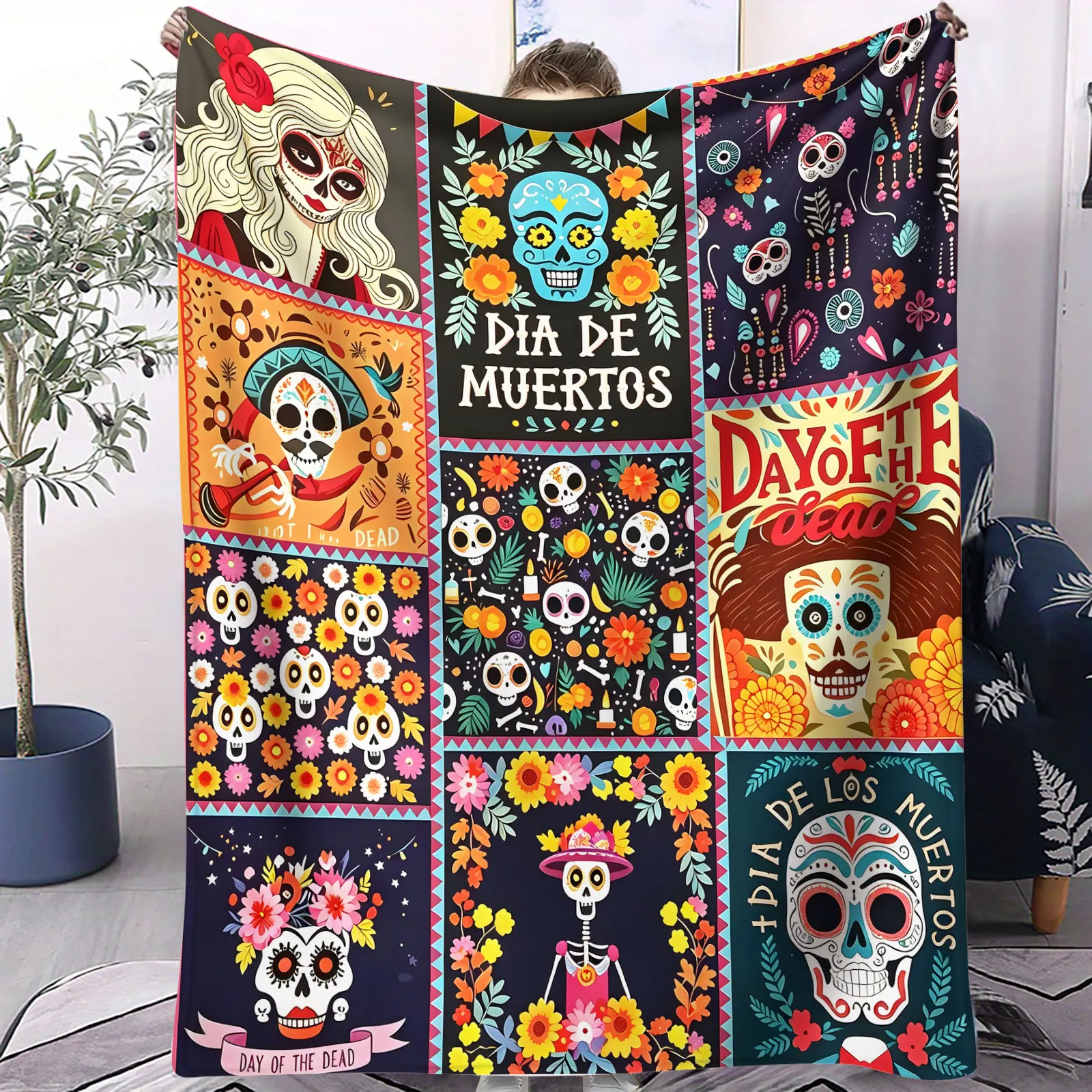 Day of The Dead Throw Blanket Día de Muertos Sugar Skull Floral Patchwork Print Soft Flannel Fleece Microfiber Plush Blanket