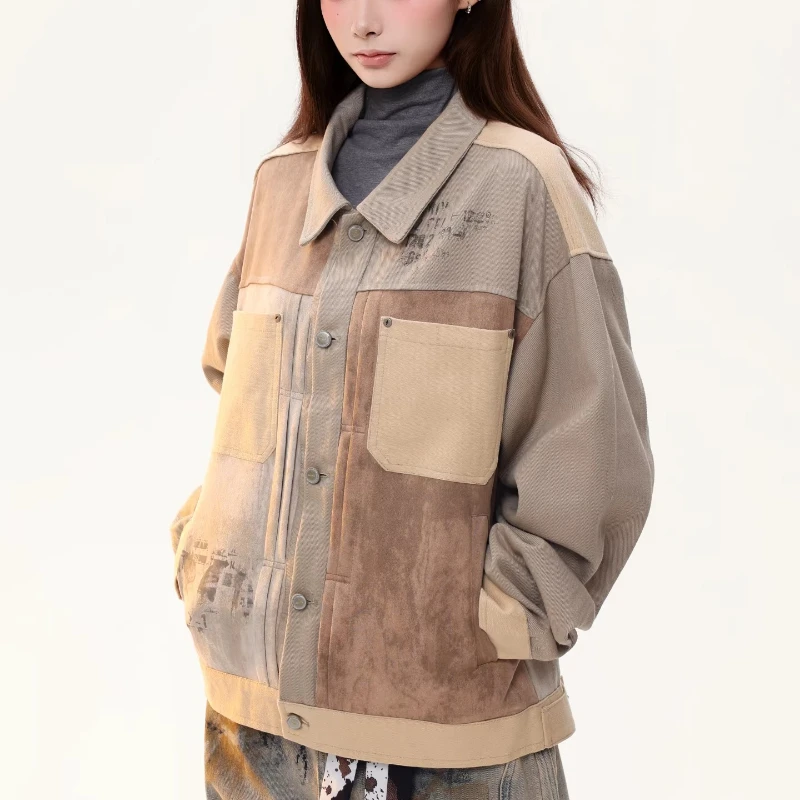 Kurtki w stylu American Retro Unisex Wiosna 2026 Nowe Zamszowe Zdobienia Kieszenie Słodki Cool Luźny Styl Y2k Uniwersalne Płaszcze dla Par