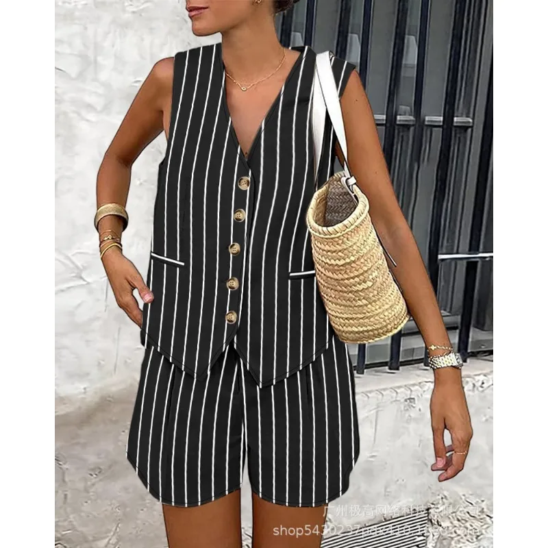 2024 Spring Summer New Solid Color Striped Suit Women's Single Breasted V-neck Vest Jacket Mid Waist Pocket Shorts Suit