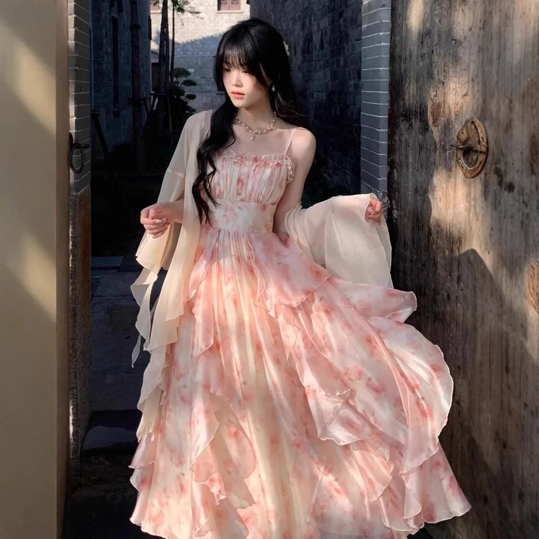 

Spring and Summer New Oil Painting Blend Print Waist Cinched Ruffle Edge Suspender Skirt Korean Style Temperament Dress