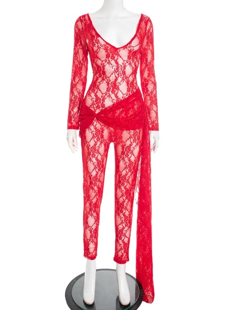 FDYOUI Frauen Langarm Durchsichtige Spitze Bodys Overall Bandage Aushöhlen Einteilige Hochzeit Party Overalls Rot Schwarz Weiß