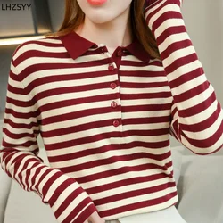 LHZSYY Striped Base Shirt Ladies Shirt Collar Sweater Spring Autumn New Loose 100%Cotton Long-Sleeve T-shirt Pullover Lapel Tops