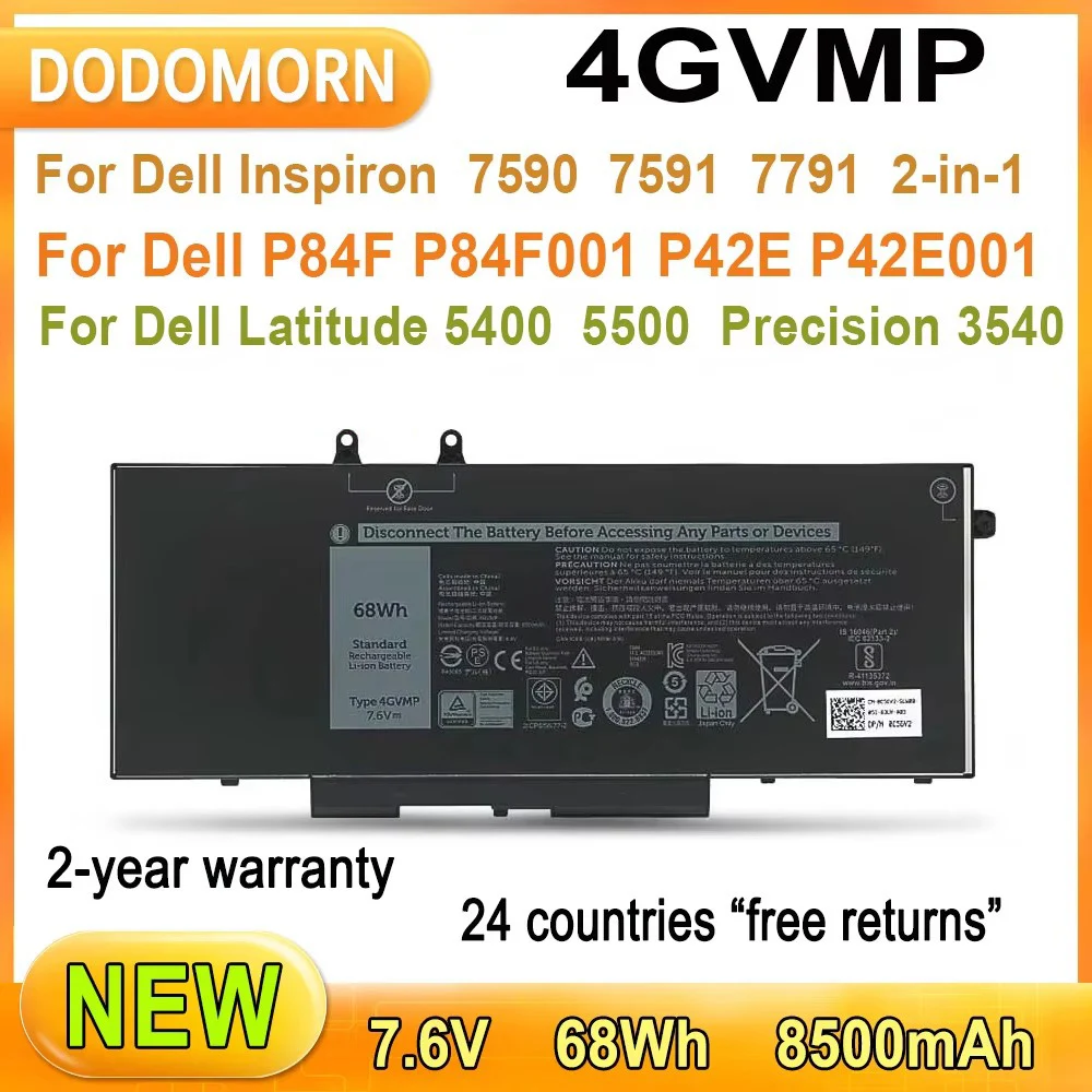 Nueva batería de ordenador portátil 4GVMP para Dell Latitude 5400 5500 Precision 3540 Inspiron 7590/7591/7791 2 en 1 P84F P42E P98G001 68Wh