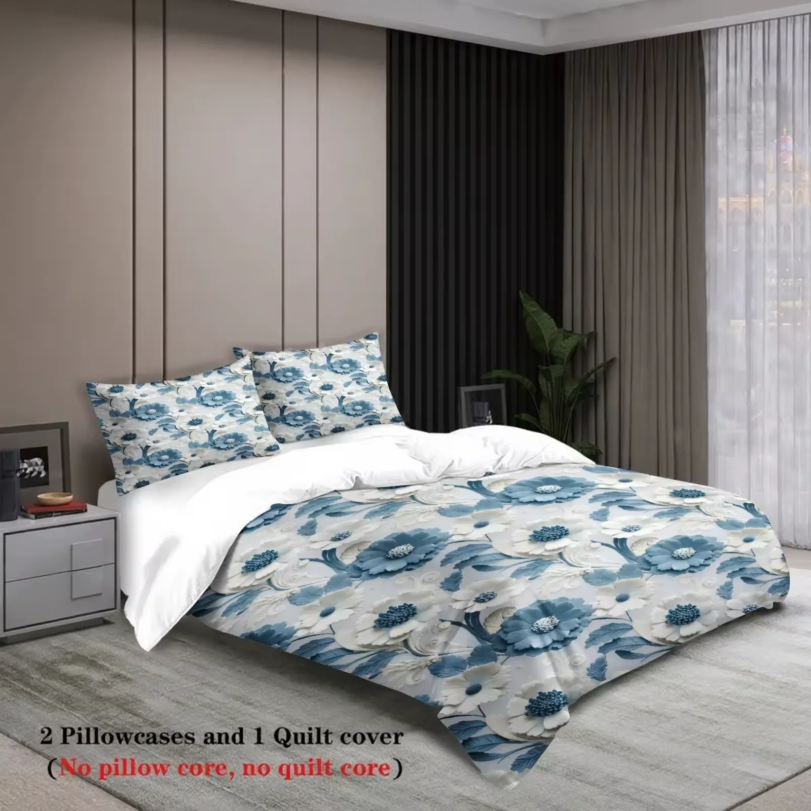 3Pcs bedding set Blue floral pattern Single Twin Queen patternsSize With 2Pillowcases  soft and comfort Bedding accessories