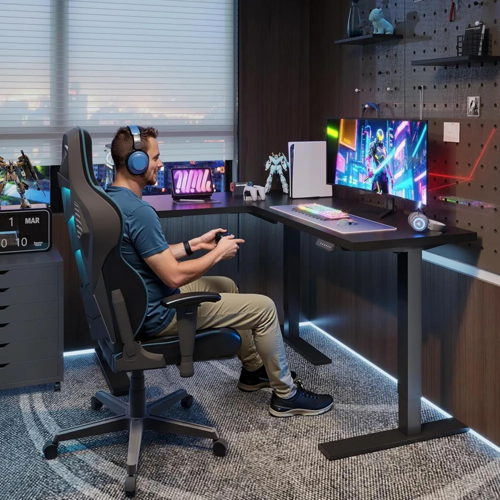 Electric Adjustable Height Corner Standing Desk, 63 x 55 L-Shaped Sit-Stand Computer Desk with Spacious Layout