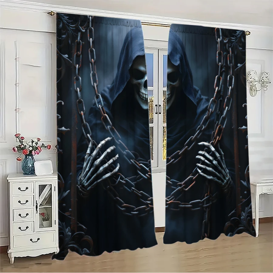 2PCS Digital Printed Curtains, Grim Reaper Pattern, Halloween Thermal Style Rod Pocket Drapes for Bedroom Living Room Decor