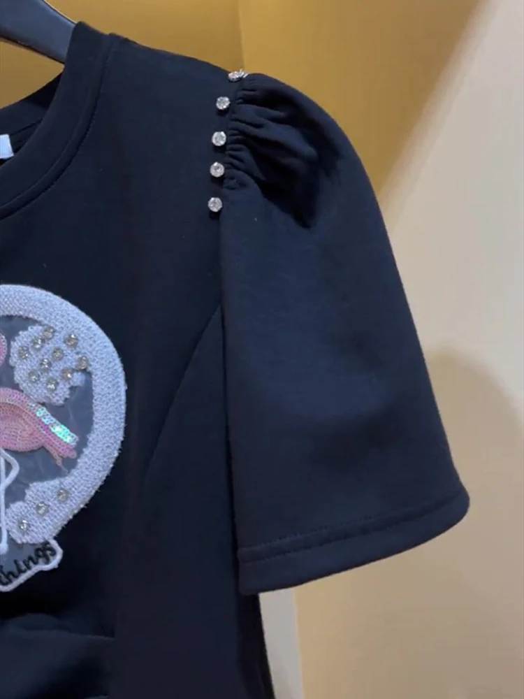 Black embroidery nail drill round neck short sleeved T-shirt for women's summer new design slim top 2025 New