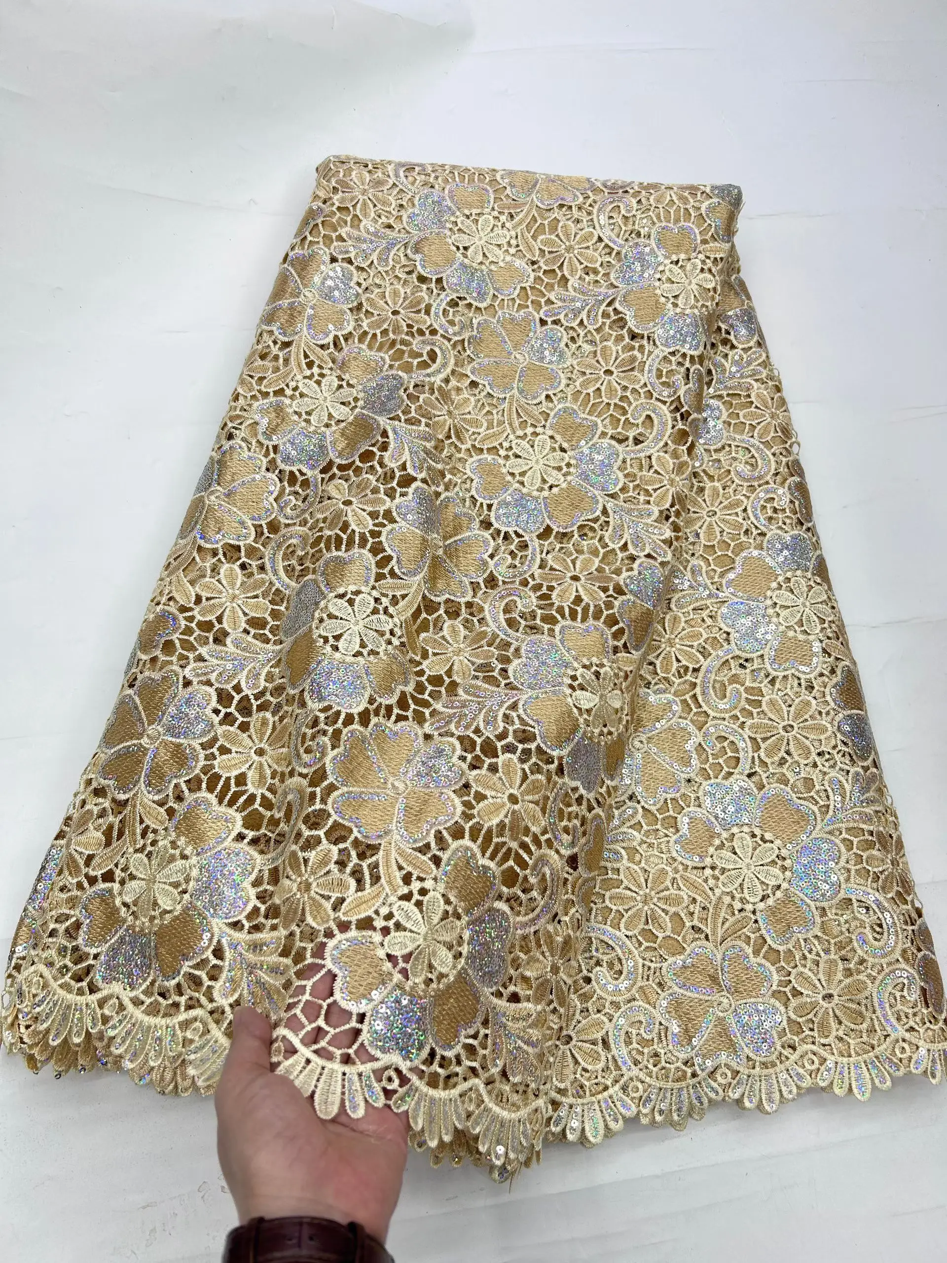

New Design Gold African Guipure Water Soluble Lace Fabric 2025 Sequins Embroided Nigerian Cord Lace Fabric For Party PHD25185