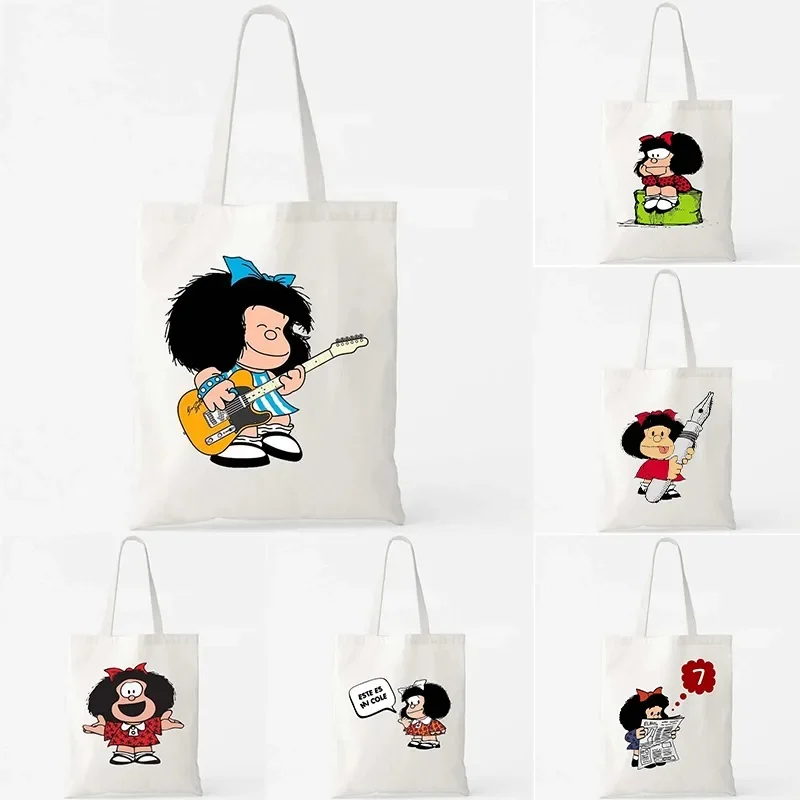 Kawaii Mafalda Cute Anime Girl 90s Cartoon White Shopping Bag Canvas Reusable Large Shoulder School Handbags