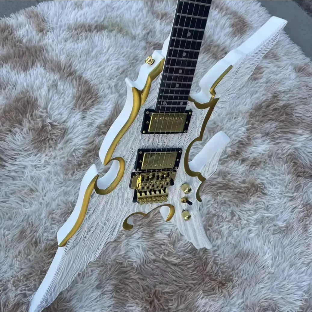 2026 Performance Engraved Angel Wings 6-string Split Guitar White Body with Gold Rim Guitar