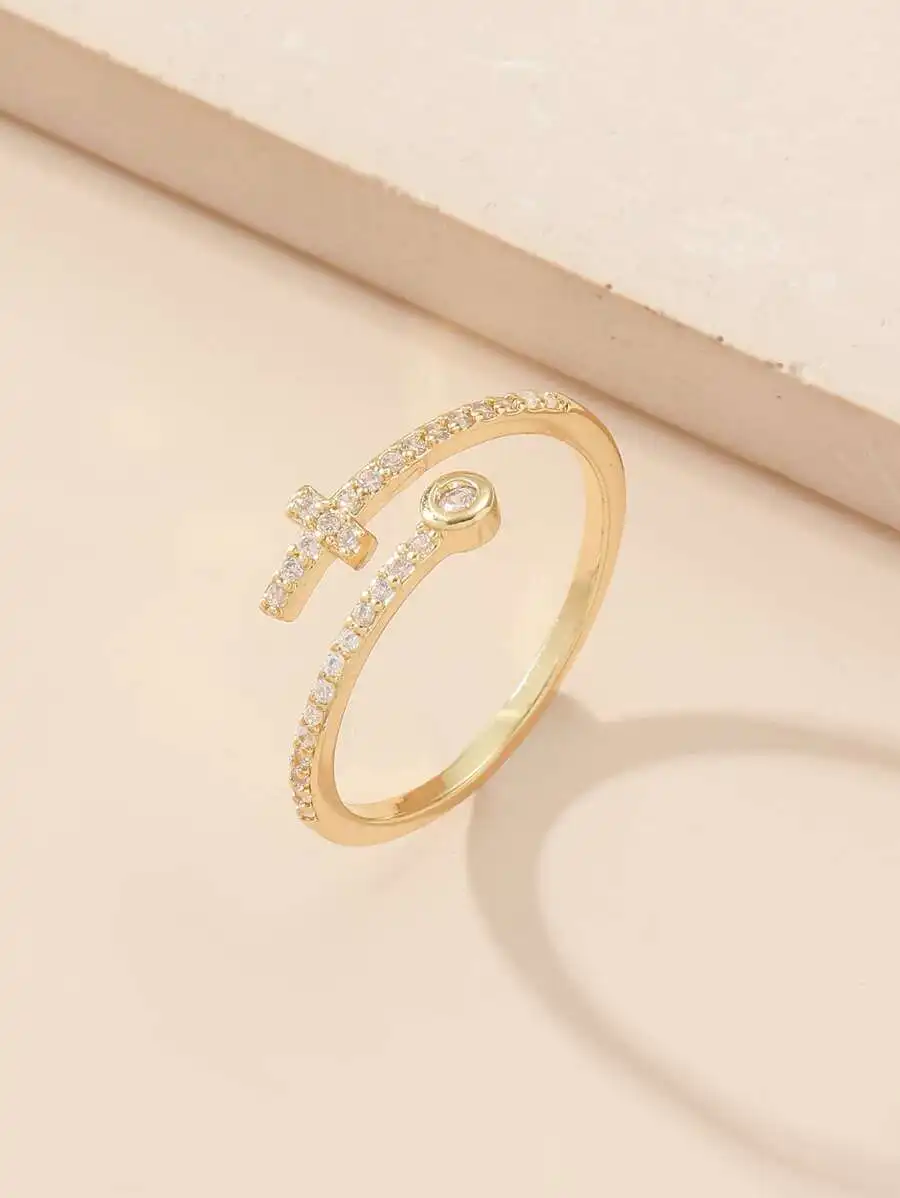 

Copper Alloy Inlaid Cubic Zirconia Cross And Heart Ring For Women Daily Wear Party Date Gift