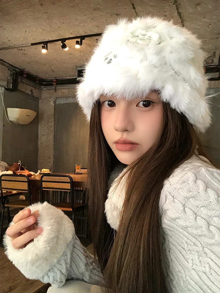 Thickened Knitted Plush Hat Women's Winter Warm Rabbit Fur Fisherman Style Small Face Flattering Trendy White Color Cap